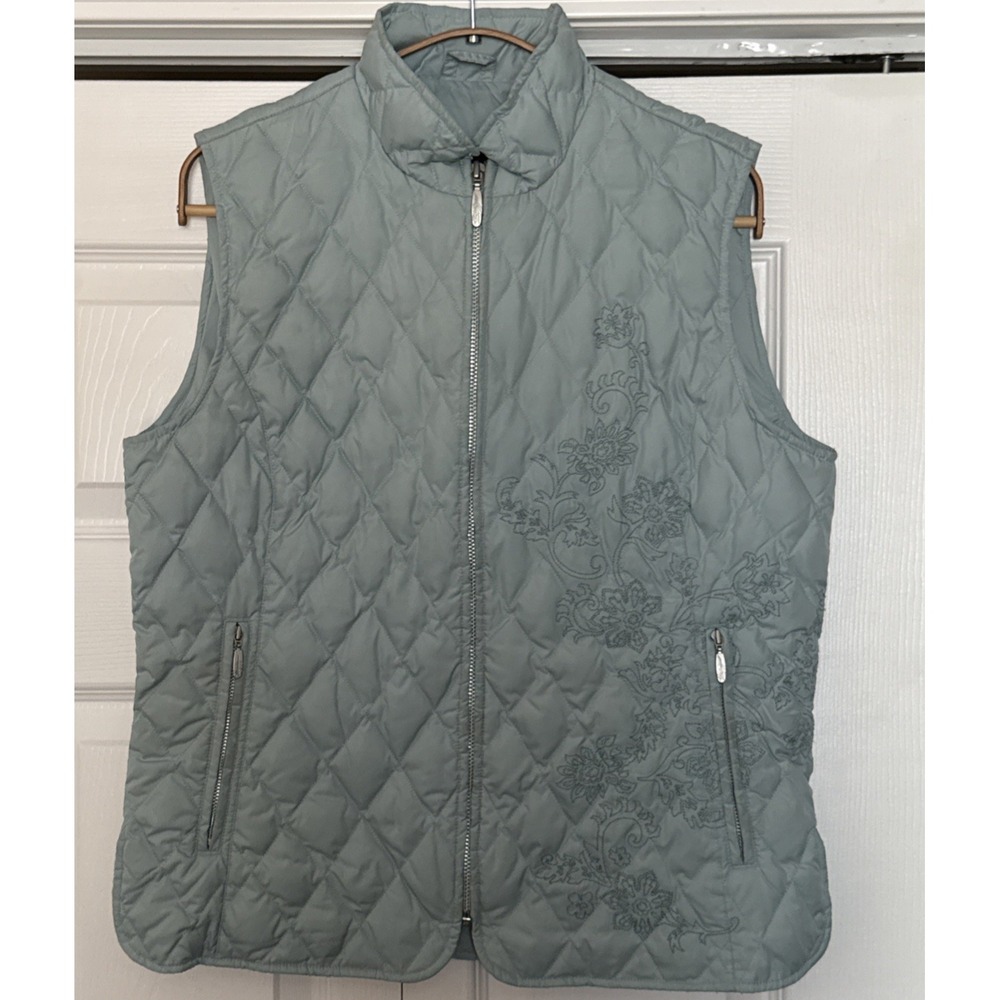Vintage Goose Down Puffer Vest Eddie Bauer Size M Green Embroidered Floral Retro